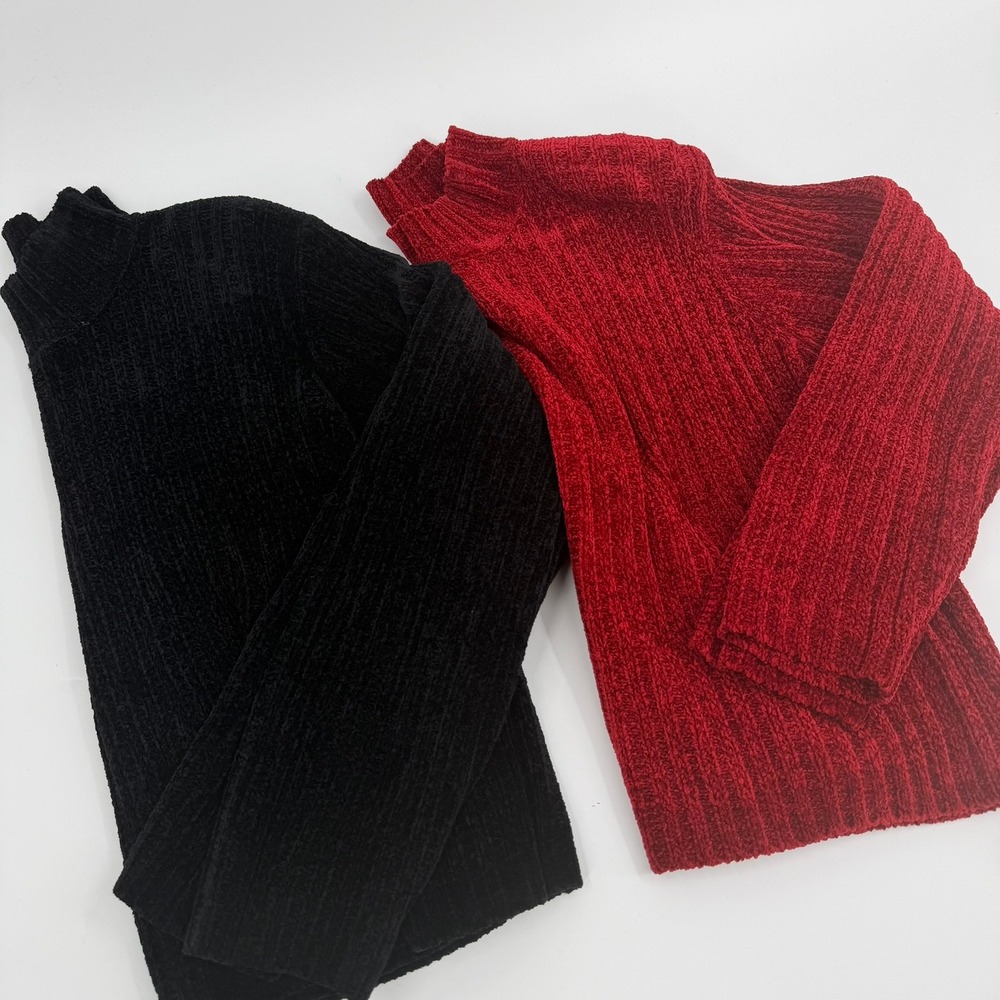 Valerie Stevens Chenille Sweater Mock Neck 90s Women Large Black Red Bundle Lot